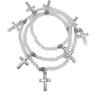 Clear Glass Stretch Wrap Silver Tone Cross Dangle Charms Bracelet or Necklace